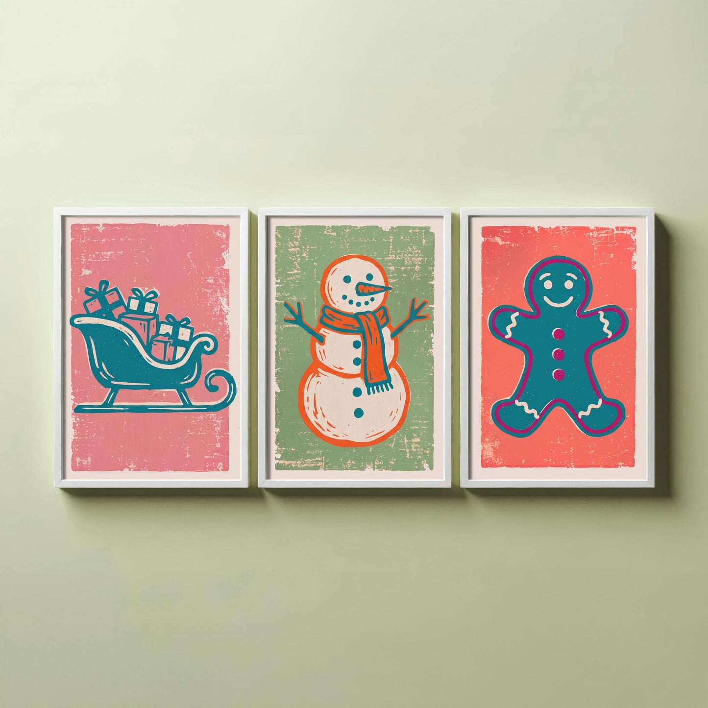 Set of Three Christmas Art Prints - Sleigh, Snowman & Gingerbread Man - Linocut Style Illustrations - Festive Holiday Posters V2