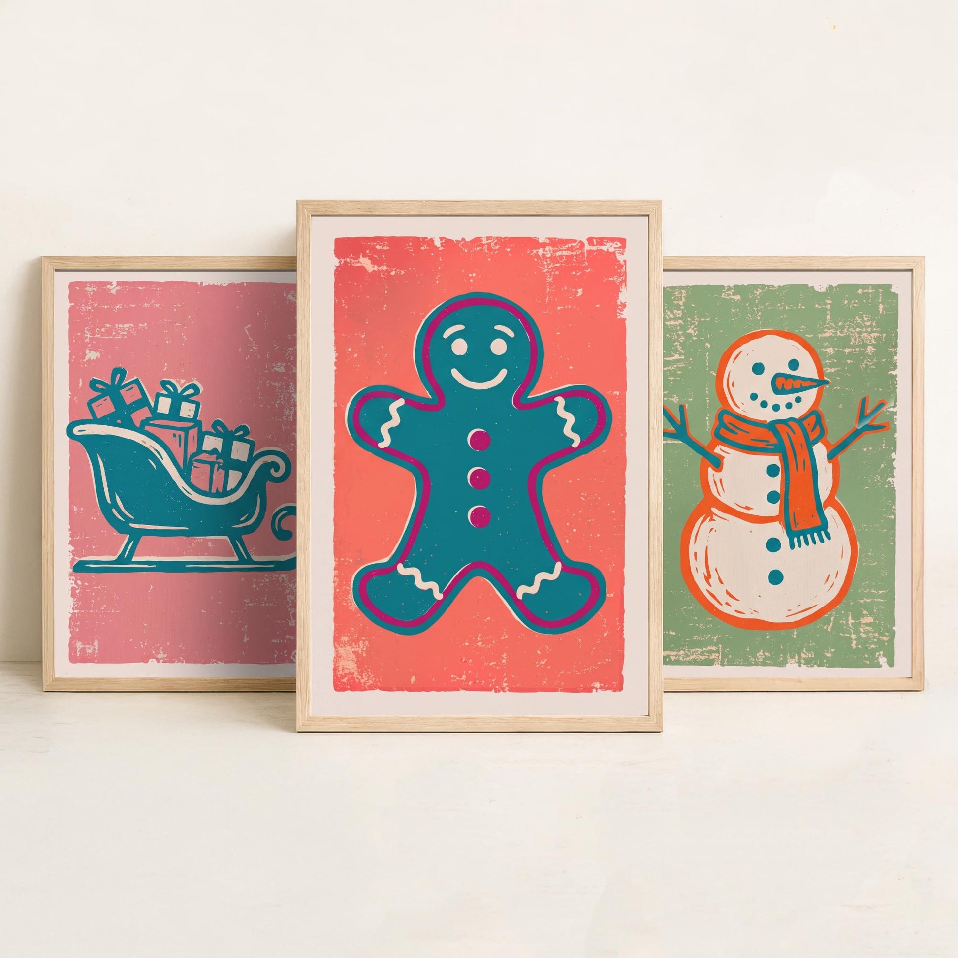 Set of Three Christmas Art Prints - Sleigh, Snowman & Gingerbread Man - Linocut Style Illustrations - Festive Holiday Posters V2