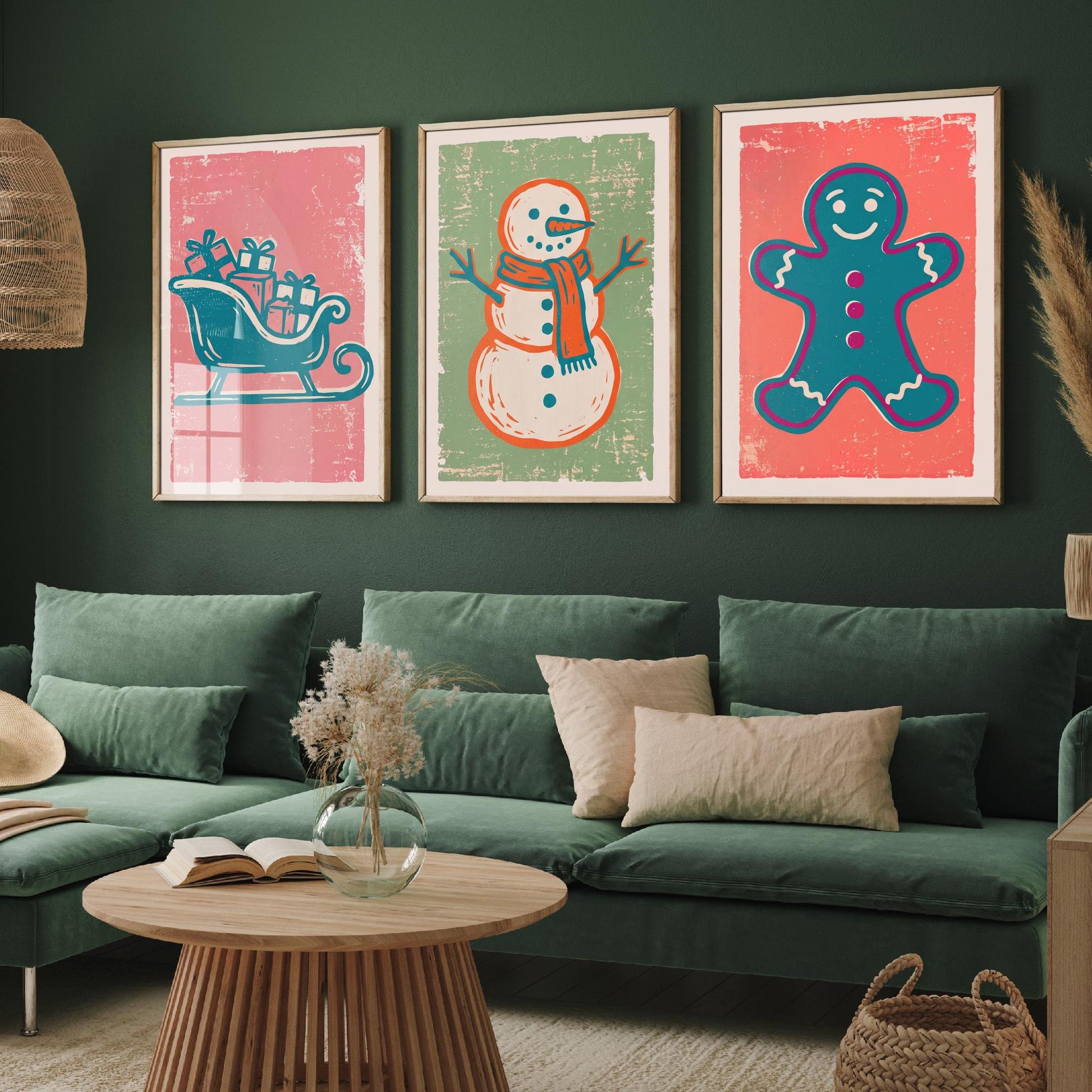 Set of Three Christmas Art Prints - Sleigh, Snowman & Gingerbread Man - Linocut Style Illustrations - Festive Holiday Posters V2