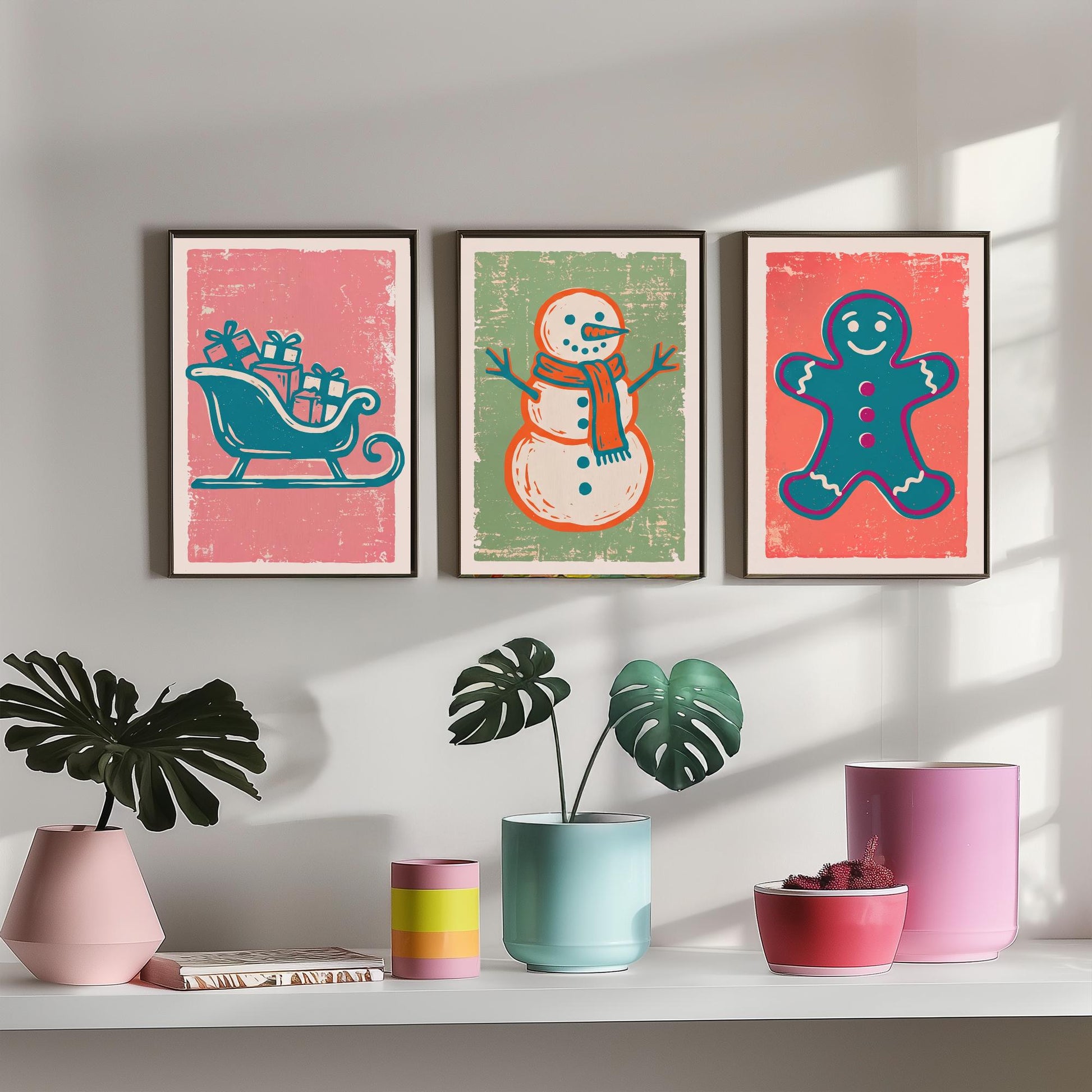 Set of Three Christmas Art Prints - Sleigh, Snowman & Gingerbread Man - Linocut Style Illustrations - Festive Holiday Posters V2