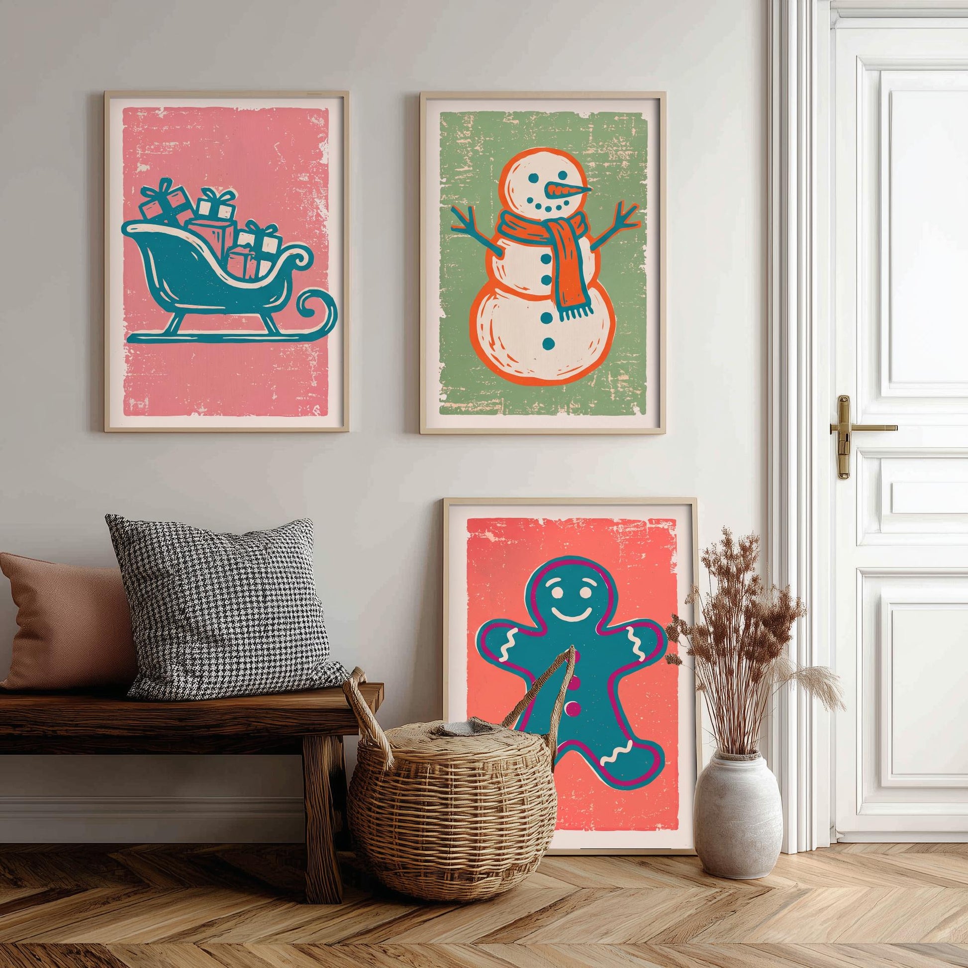 Set of Three Christmas Art Prints - Sleigh, Snowman & Gingerbread Man - Linocut Style Illustrations - Festive Holiday Posters V2