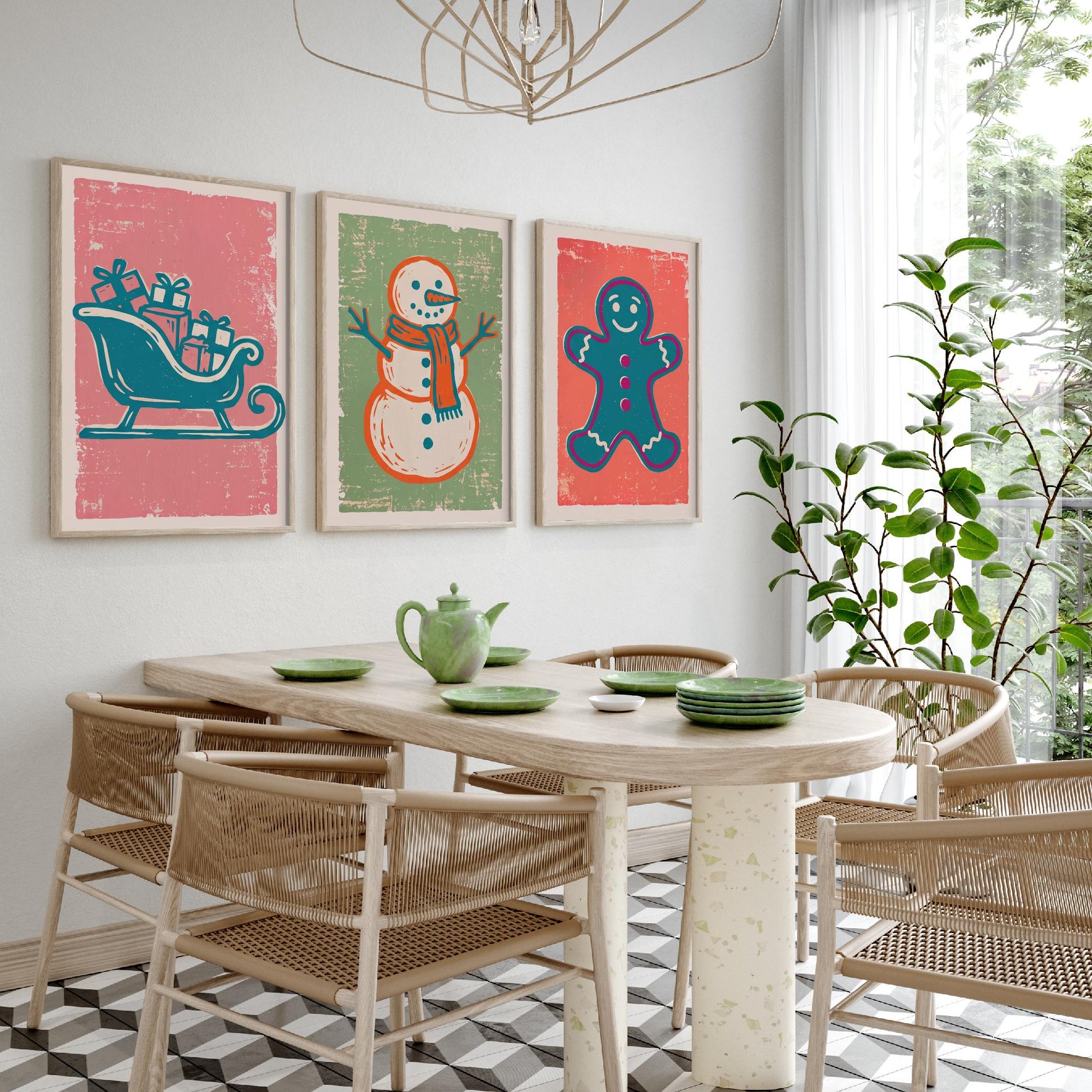 Set of Three Christmas Art Prints - Sleigh, Snowman & Gingerbread Man - Linocut Style Illustrations - Festive Holiday Posters V2