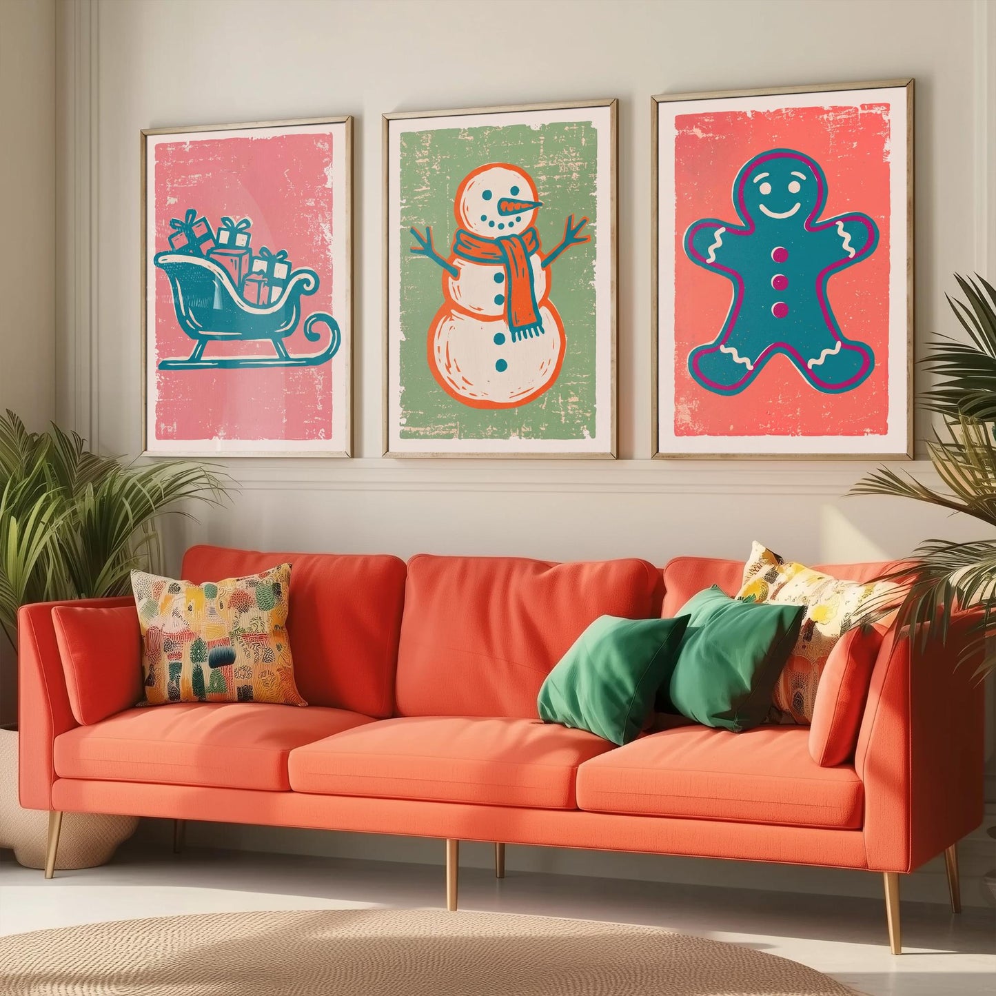 Set of Three Christmas Art Prints - Sleigh, Snowman & Gingerbread Man - Linocut Style Illustrations - Festive Holiday Posters V2
