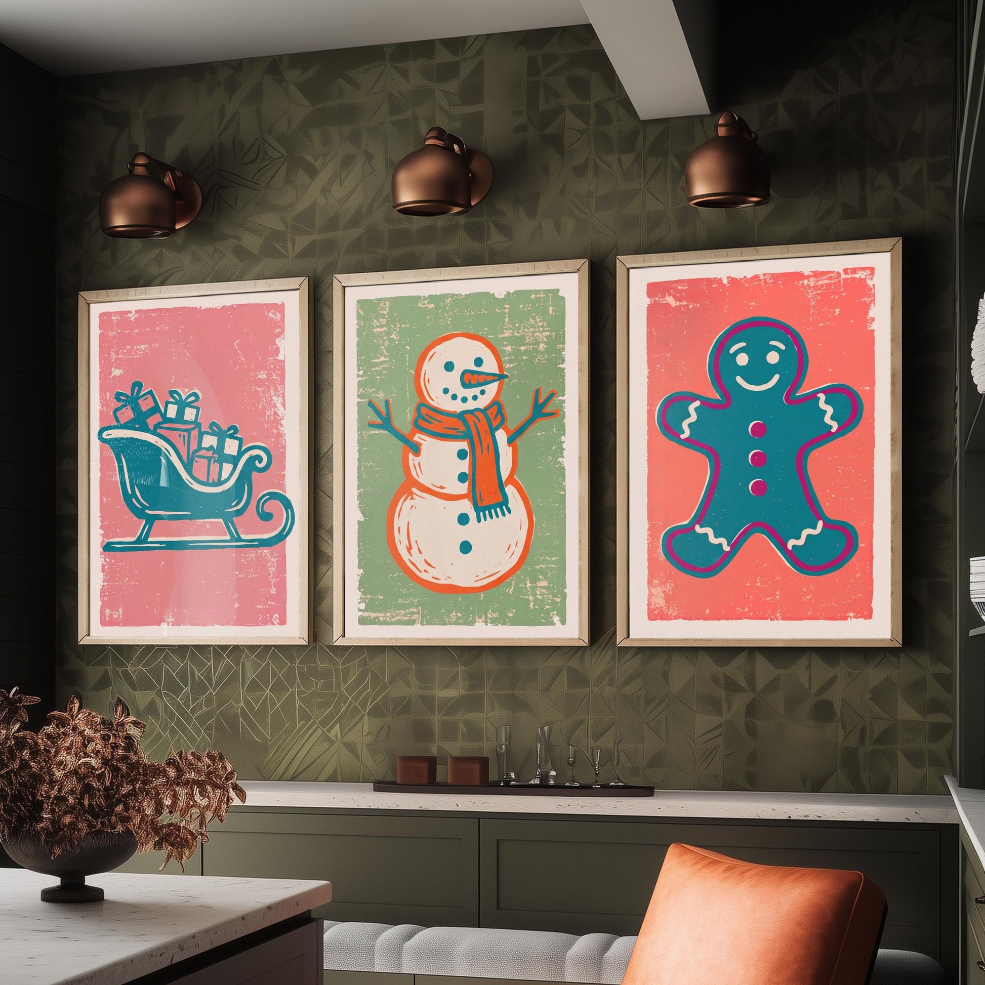 Set of Three Christmas Art Prints - Sleigh, Snowman & Gingerbread Man - Linocut Style Illustrations - Festive Holiday Posters V2