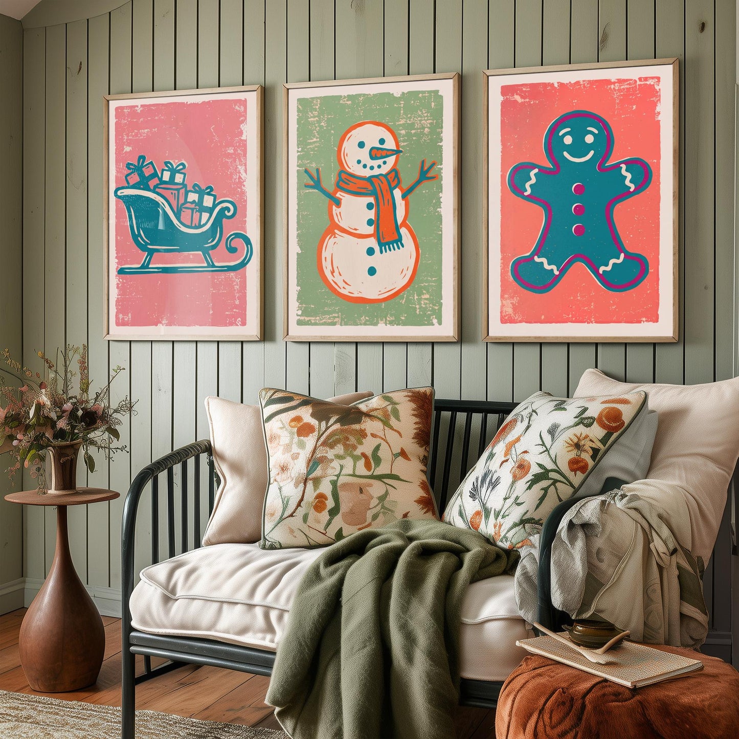 Set of Three Christmas Art Prints - Sleigh, Snowman & Gingerbread Man - Linocut Style Illustrations - Festive Holiday Posters V2