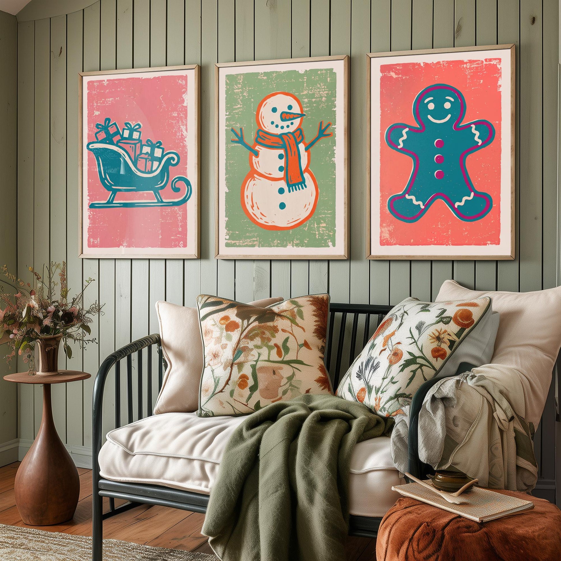 Set of Three Christmas Art Prints - Sleigh, Snowman & Gingerbread Man - Linocut Style Illustrations - Festive Holiday Posters V2