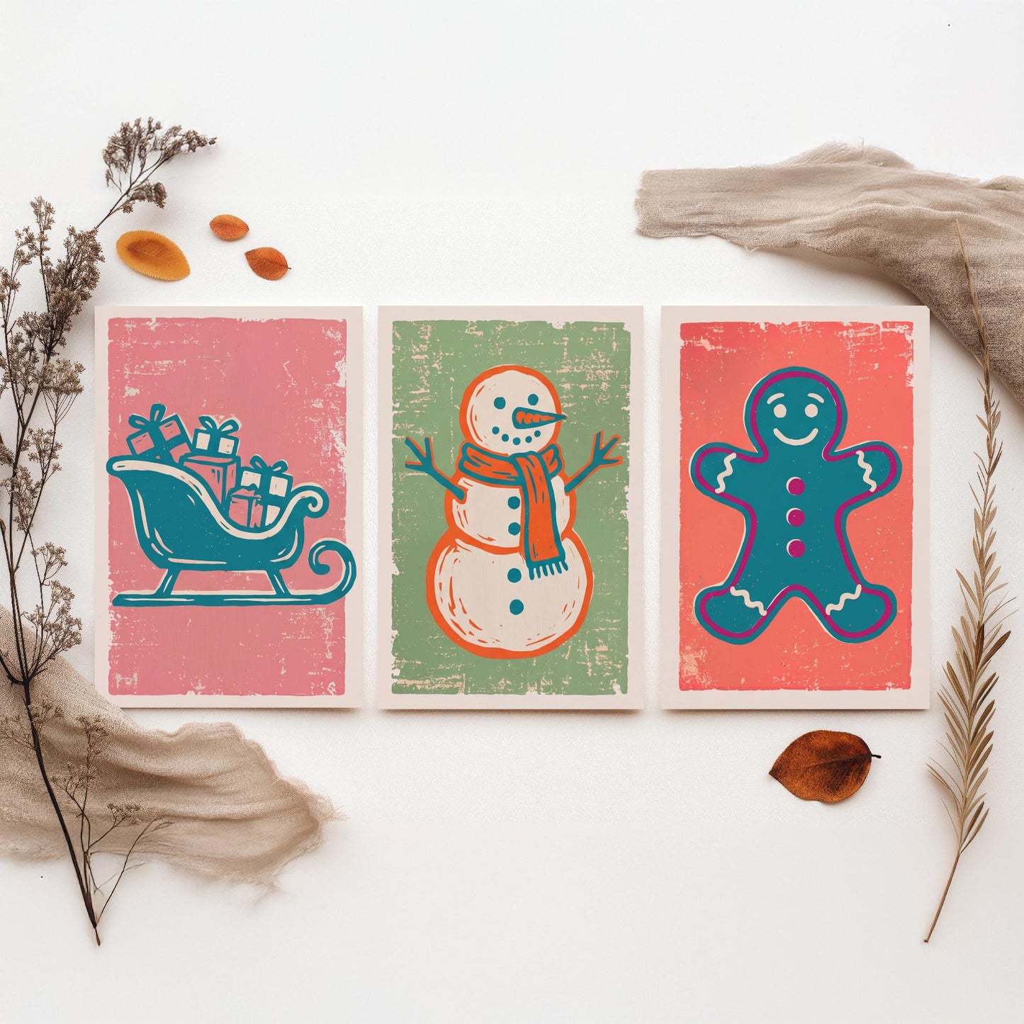 Set of Three Christmas Art Prints - Sleigh, Snowman & Gingerbread Man - Linocut Style Illustrations - Festive Holiday Posters V2