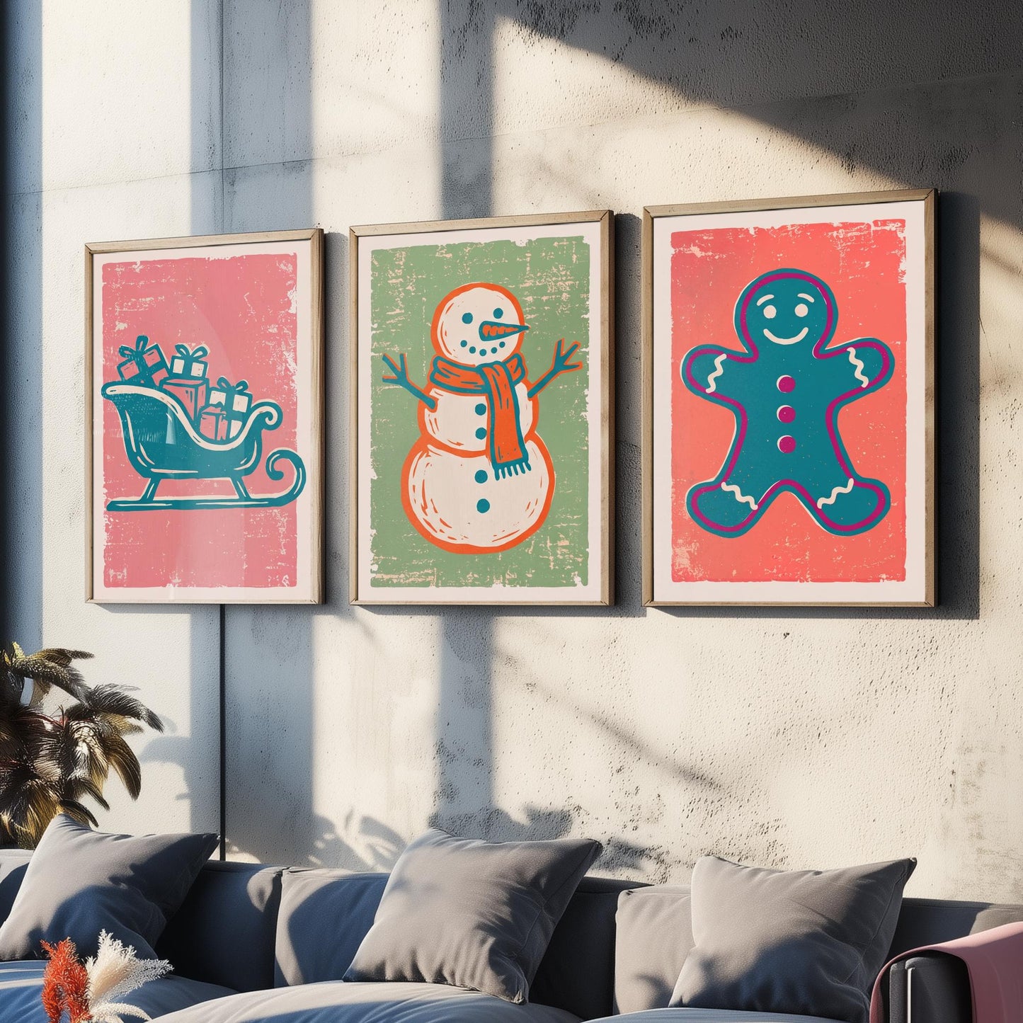 Set of Three Christmas Art Prints - Sleigh, Snowman & Gingerbread Man - Linocut Style Illustrations - Festive Holiday Posters V2