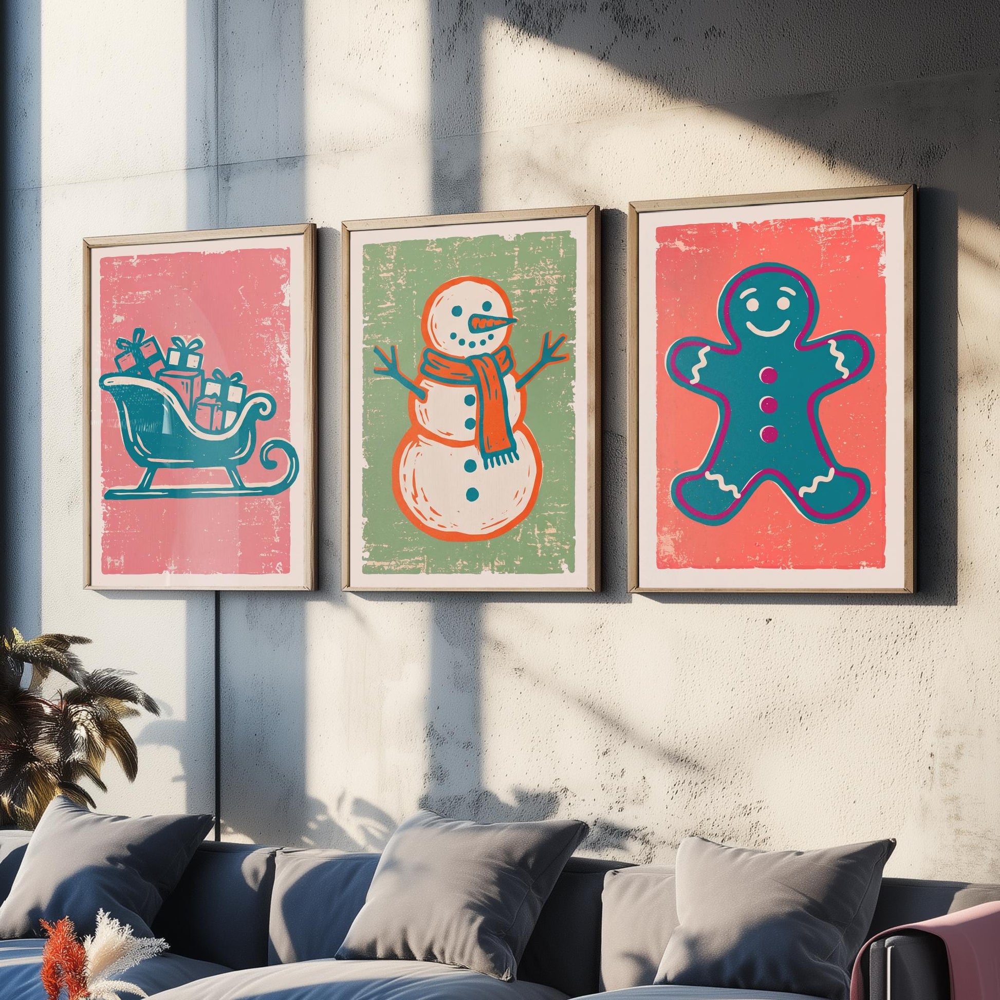 Set of Three Christmas Art Prints - Sleigh, Snowman & Gingerbread Man - Linocut Style Illustrations - Festive Holiday Posters V2