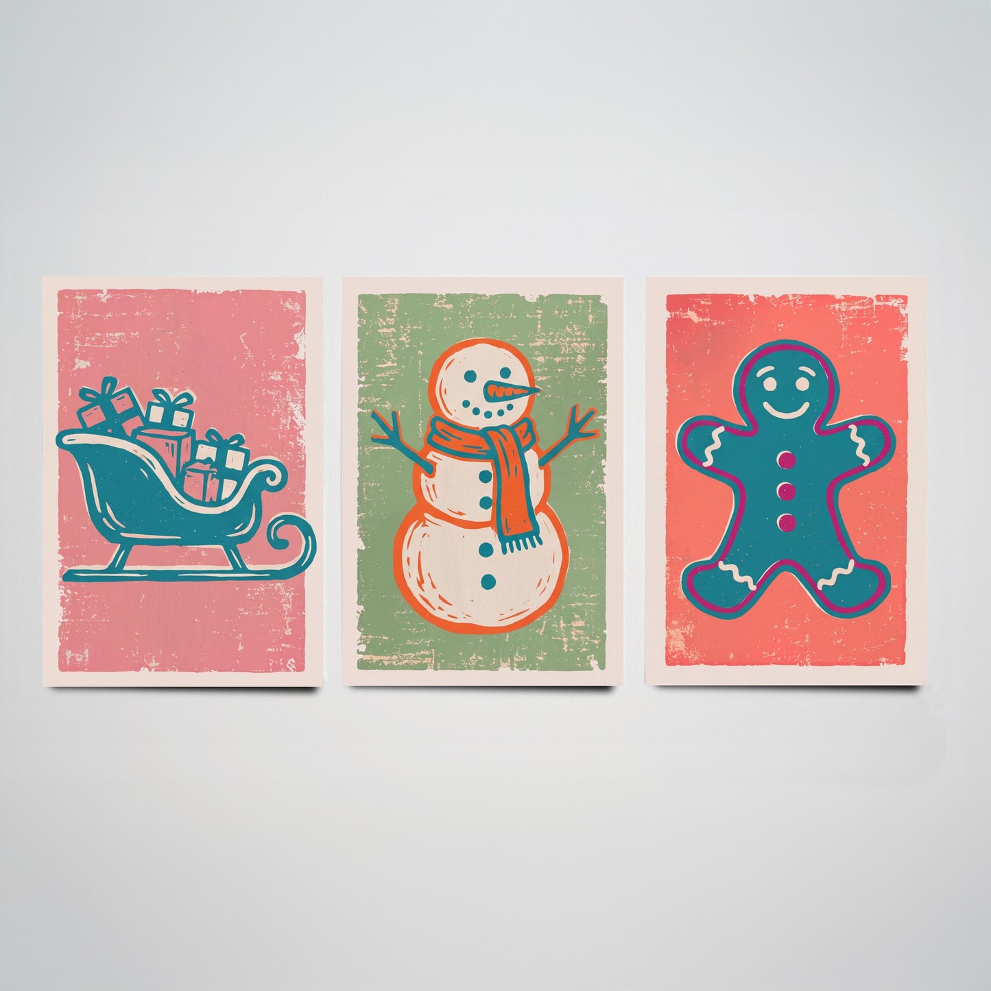 Set of Three Christmas Art Prints - Sleigh, Snowman & Gingerbread Man - Linocut Style Illustrations - Festive Holiday Posters V2