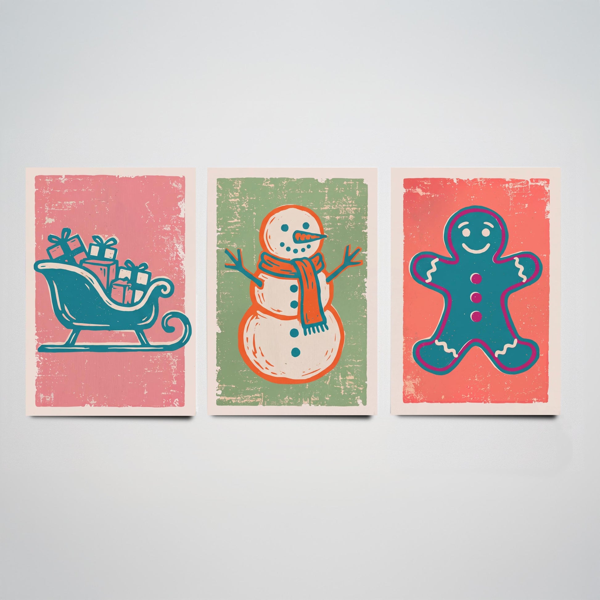 Set of Three Christmas Art Prints - Sleigh, Snowman & Gingerbread Man - Linocut Style Illustrations - Festive Holiday Posters V2
