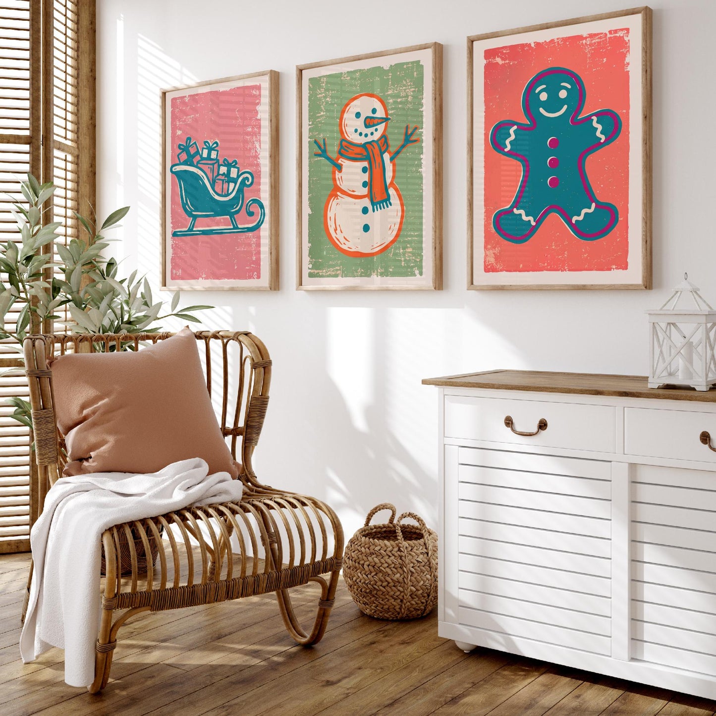 Set of Three Christmas Art Prints - Sleigh, Snowman & Gingerbread Man - Linocut Style Illustrations - Festive Holiday Posters V2