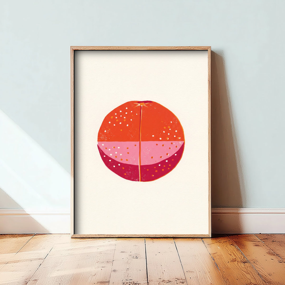 Blood Orange Art Print - Halved Citrus Fruit Kitchen Poster - Modern Block Print Style Woodcut