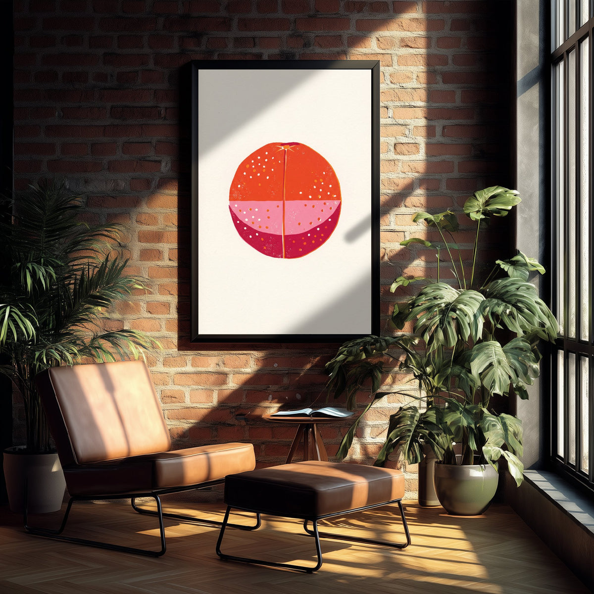 Blood Orange Art Print - Halved Citrus Fruit Kitchen Poster - Modern Block Print Style Woodcut