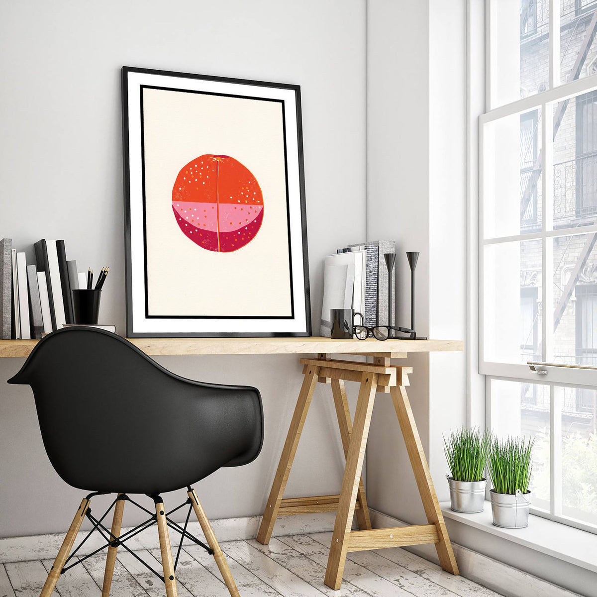 Blood Orange Art Print - Halved Citrus Fruit Kitchen Poster - Modern Block Print Style Woodcut