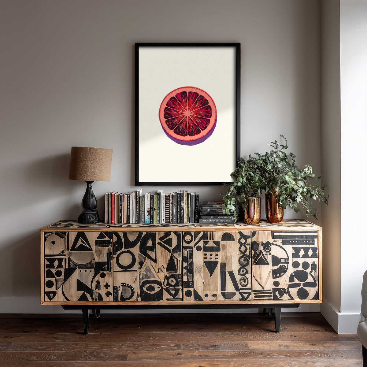 Blood Orange Slice Art Print - Citrus Fruit Kitchen Poster - Modern Block Print Style Woodcut
