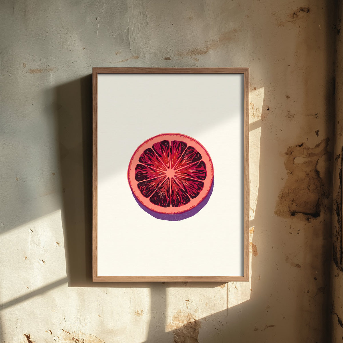 Blood Orange Slice Art Print - Citrus Fruit Kitchen Poster - Modern Block Print Style Woodcut