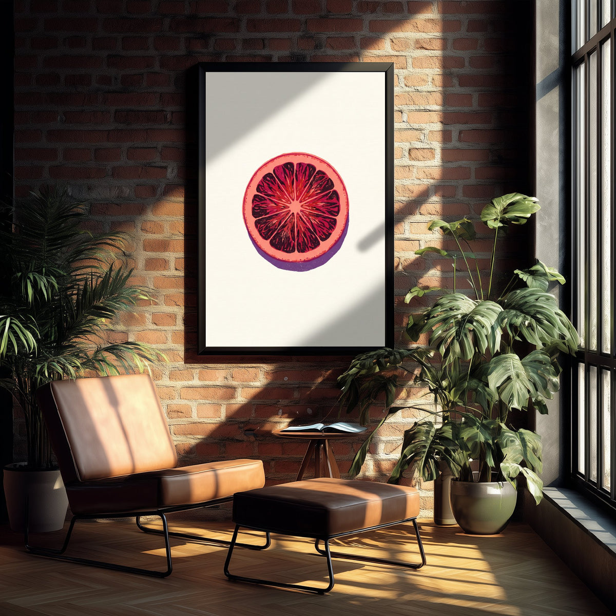 Blood Orange Slice Art Print - Citrus Fruit Kitchen Poster - Modern Block Print Style Woodcut