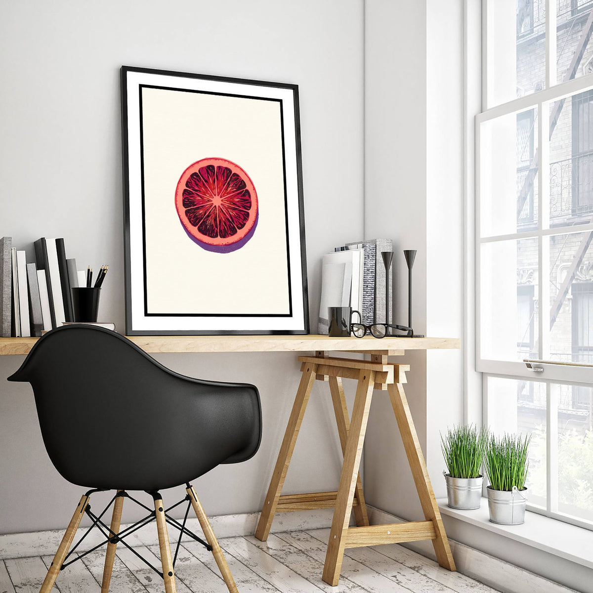 Blood Orange Slice Art Print - Citrus Fruit Kitchen Poster - Modern Block Print Style Woodcut
