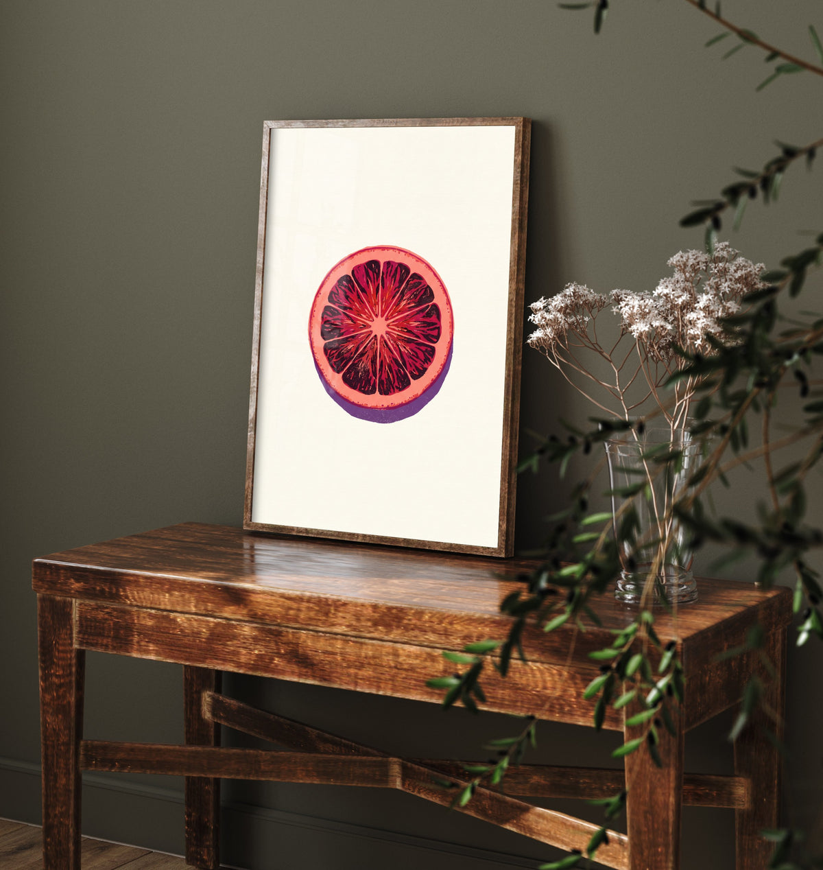 Blood Orange Slice Art Print - Citrus Fruit Kitchen Poster - Modern Block Print Style Woodcut