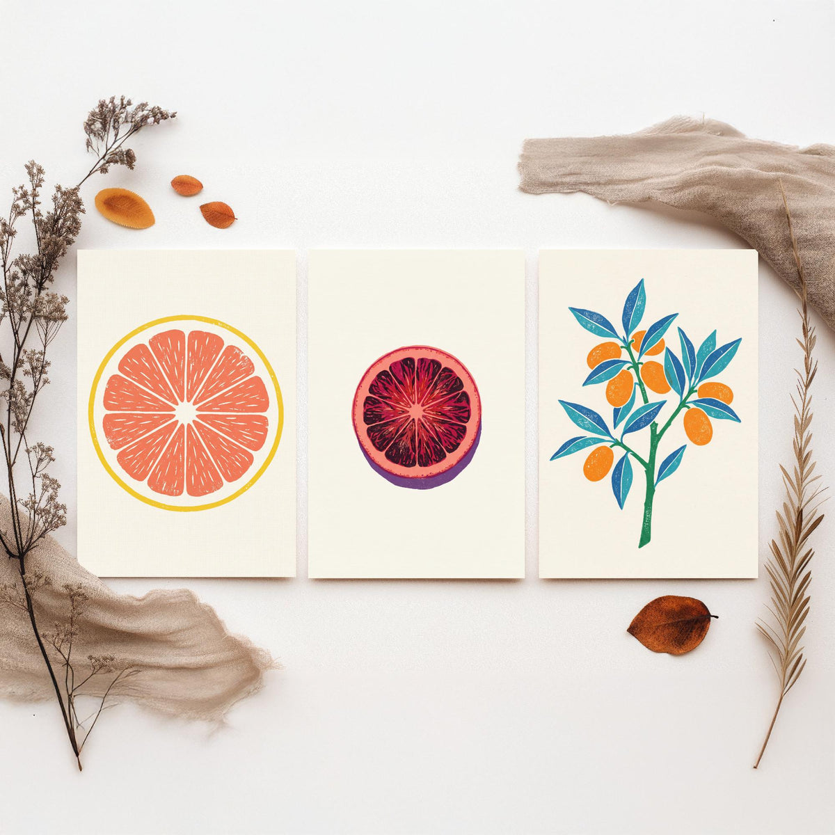 Clean Press Grapefruit Blood Orange Kumquat Set of Three Art Prints - Citrus Fruit Kitchen Decor - Linocut Style Illustration Poster V2