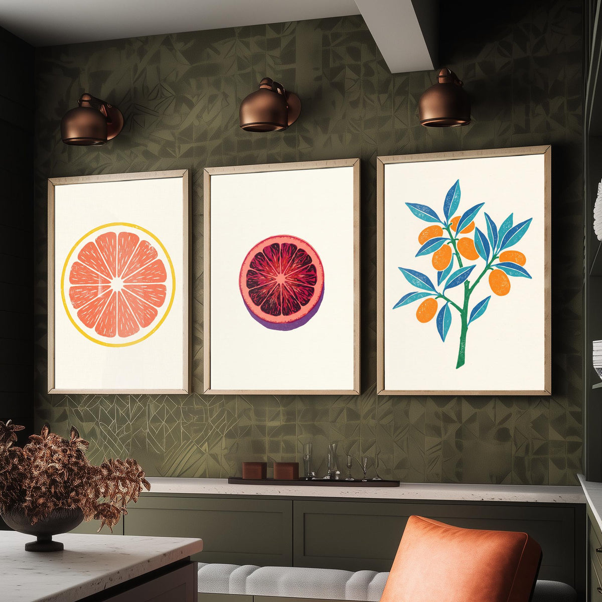 Clean Press Grapefruit Blood Orange Kumquat Set of Three Art Prints - Citrus Fruit Kitchen Decor - Linocut Style Illustration Poster V2