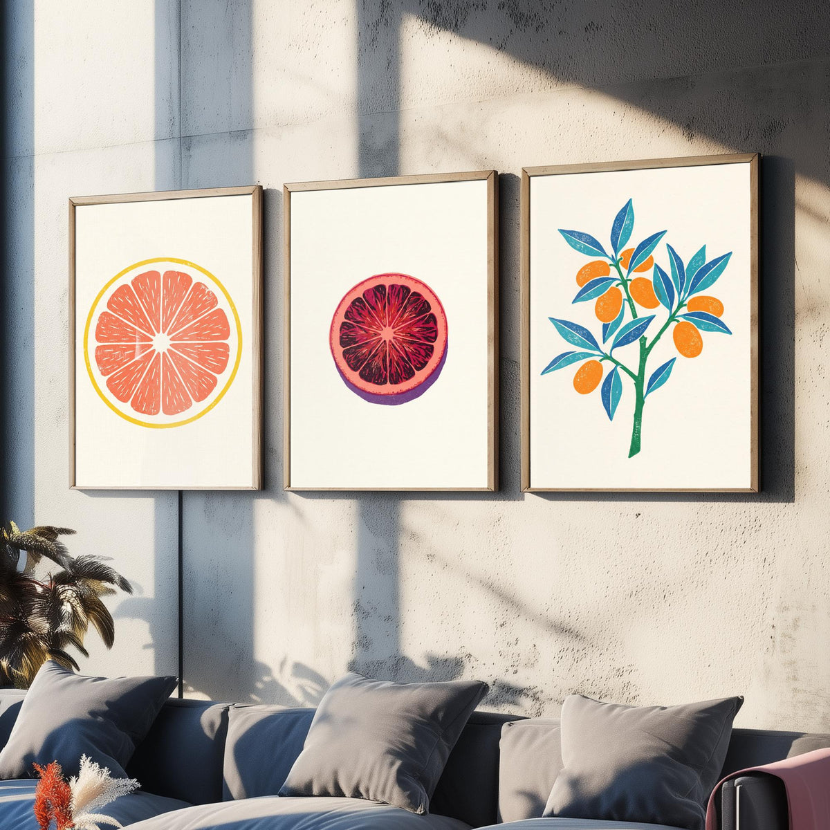 Clean Press Grapefruit Blood Orange Kumquat Set of Three Art Prints - Citrus Fruit Kitchen Decor - Linocut Style Illustration Poster V2