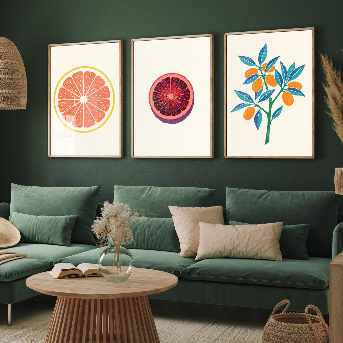 Clean Press Grapefruit Blood Orange Kumquat Set of Three Art Prints - Citrus Fruit Kitchen Decor - Linocut Style Illustration Poster V2