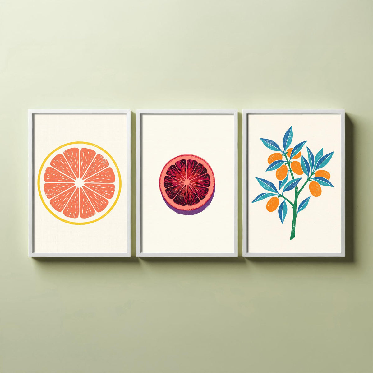 Clean Press Grapefruit Blood Orange Kumquat Set of Three Art Prints - Citrus Fruit Kitchen Decor - Linocut Style Illustration Poster V2