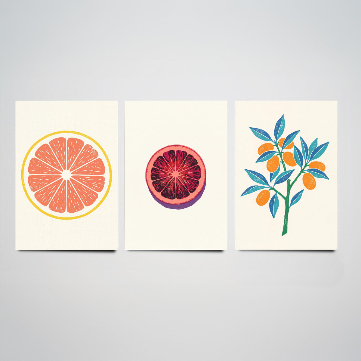 Clean Press Grapefruit Blood Orange Kumquat Set of Three Art Prints - Citrus Fruit Kitchen Decor - Linocut Style Illustration Poster V2