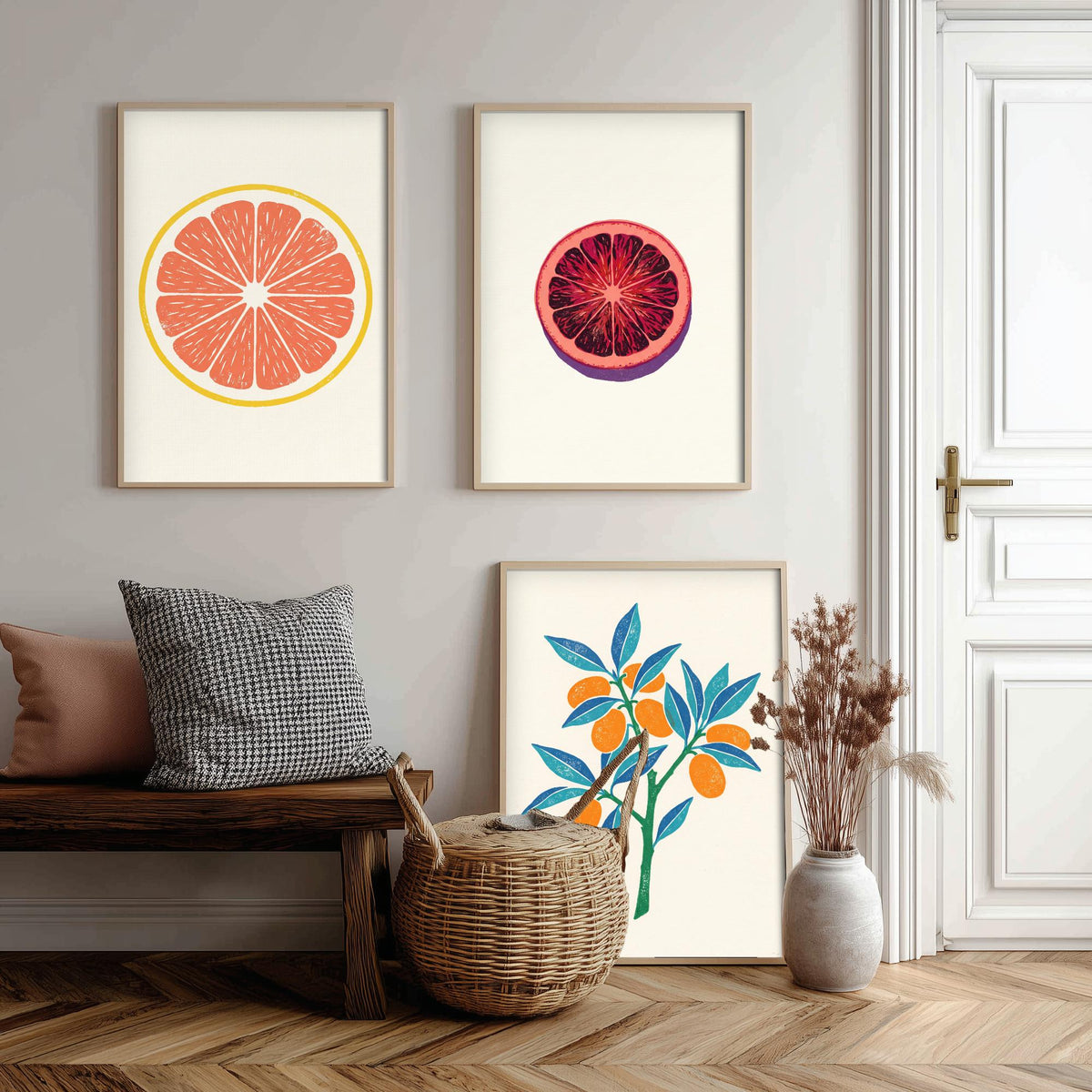 Clean Press Grapefruit Blood Orange Kumquat Set of Three Art Prints - Citrus Fruit Kitchen Decor - Linocut Style Illustration Poster V2