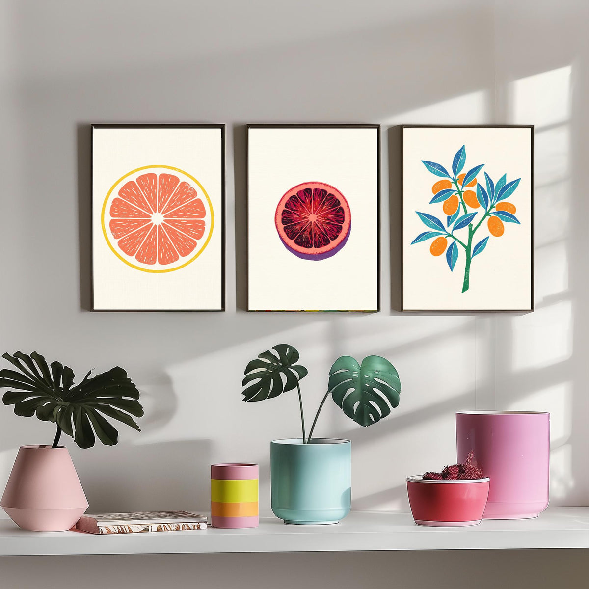 Clean Press Grapefruit Blood Orange Kumquat Set of Three Art Prints - Citrus Fruit Kitchen Decor - Linocut Style Illustration Poster V2