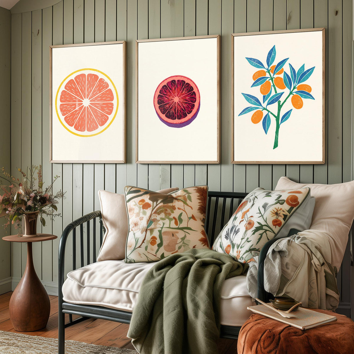 Clean Press Grapefruit Blood Orange Kumquat Set of Three Art Prints - Citrus Fruit Kitchen Decor - Linocut Style Illustration Poster V2