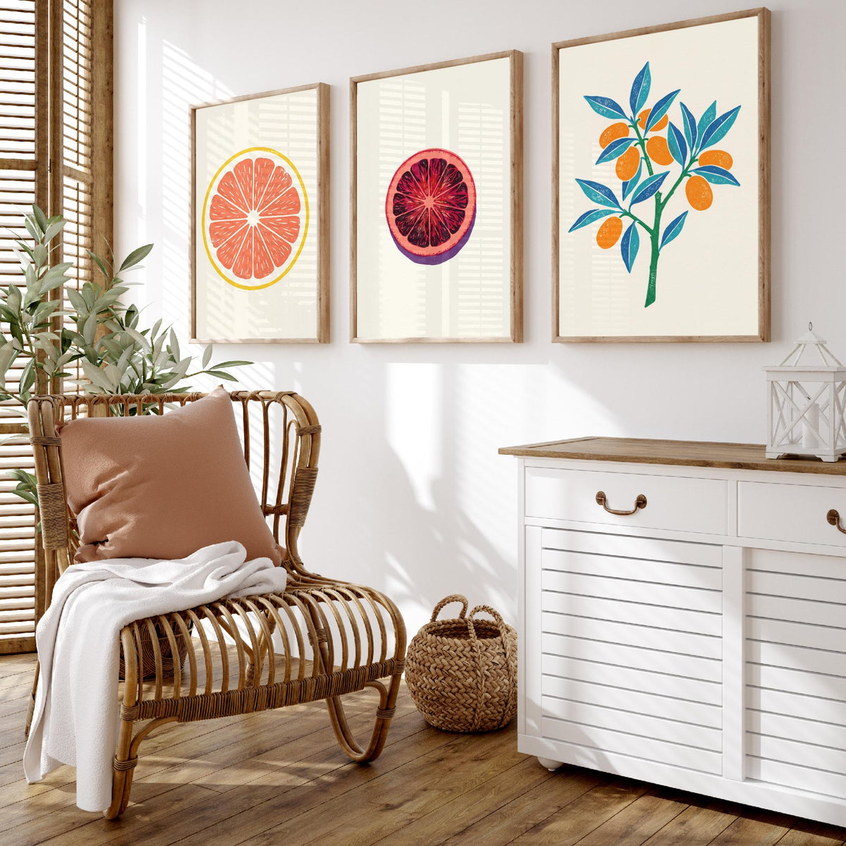 Clean Press Grapefruit Blood Orange Kumquat Set of Three Art Prints - Citrus Fruit Kitchen Decor - Linocut Style Illustration Poster V2
