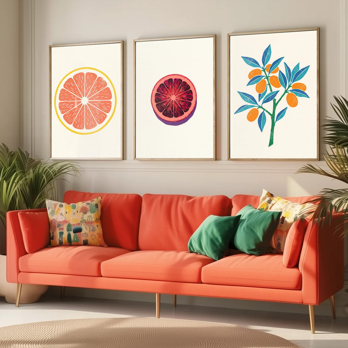 Clean Press Grapefruit Blood Orange Kumquat Set of Three Art Prints - Citrus Fruit Kitchen Decor - Linocut Style Illustration Poster V2
