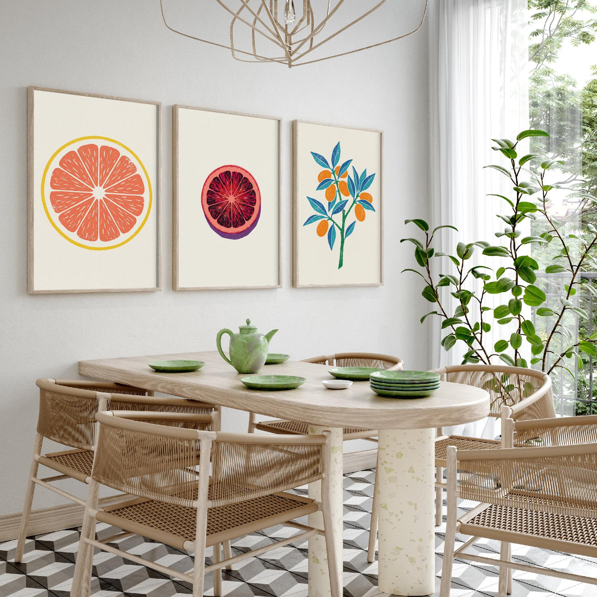 Clean Press Grapefruit Blood Orange Kumquat Set of Three Art Prints - Citrus Fruit Kitchen Decor - Linocut Style Illustration Poster V2