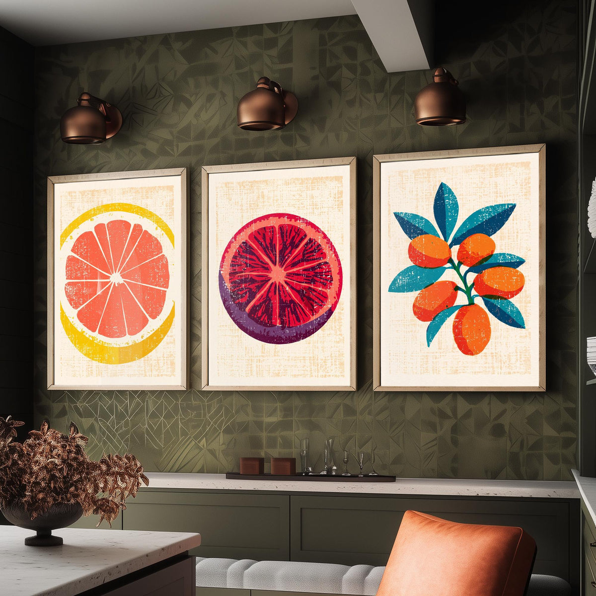 Citrus Fruit Set of Three Art Prints - Grapefruit Slice, Blood Orange, Kumquat Branch - Rustic Linocut Style Woodcut Poster V2