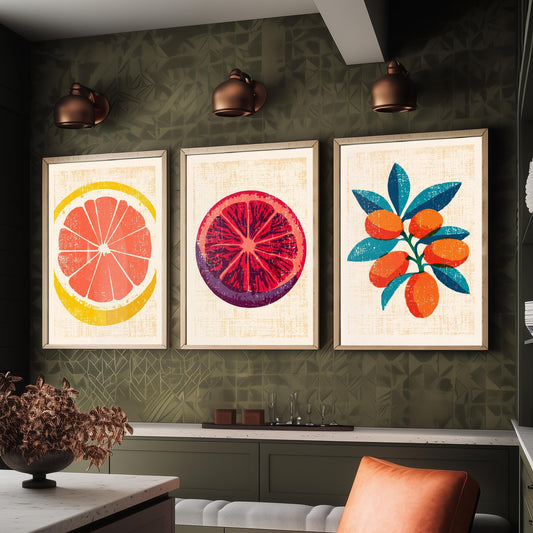 Citrus Fruit Set of Three Art Prints - Grapefruit Slice, Blood Orange, Kumquat Branch - Rustic Linocut Style Woodcut Poster V2