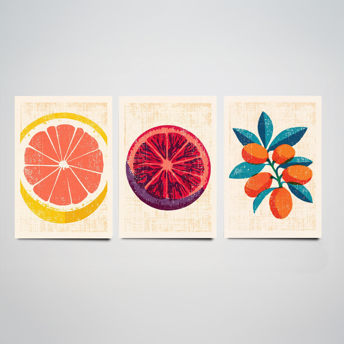 Citrus Fruit Set of Three Art Prints - Grapefruit Slice, Blood Orange, Kumquat Branch - Rustic Linocut Style Woodcut Poster V2