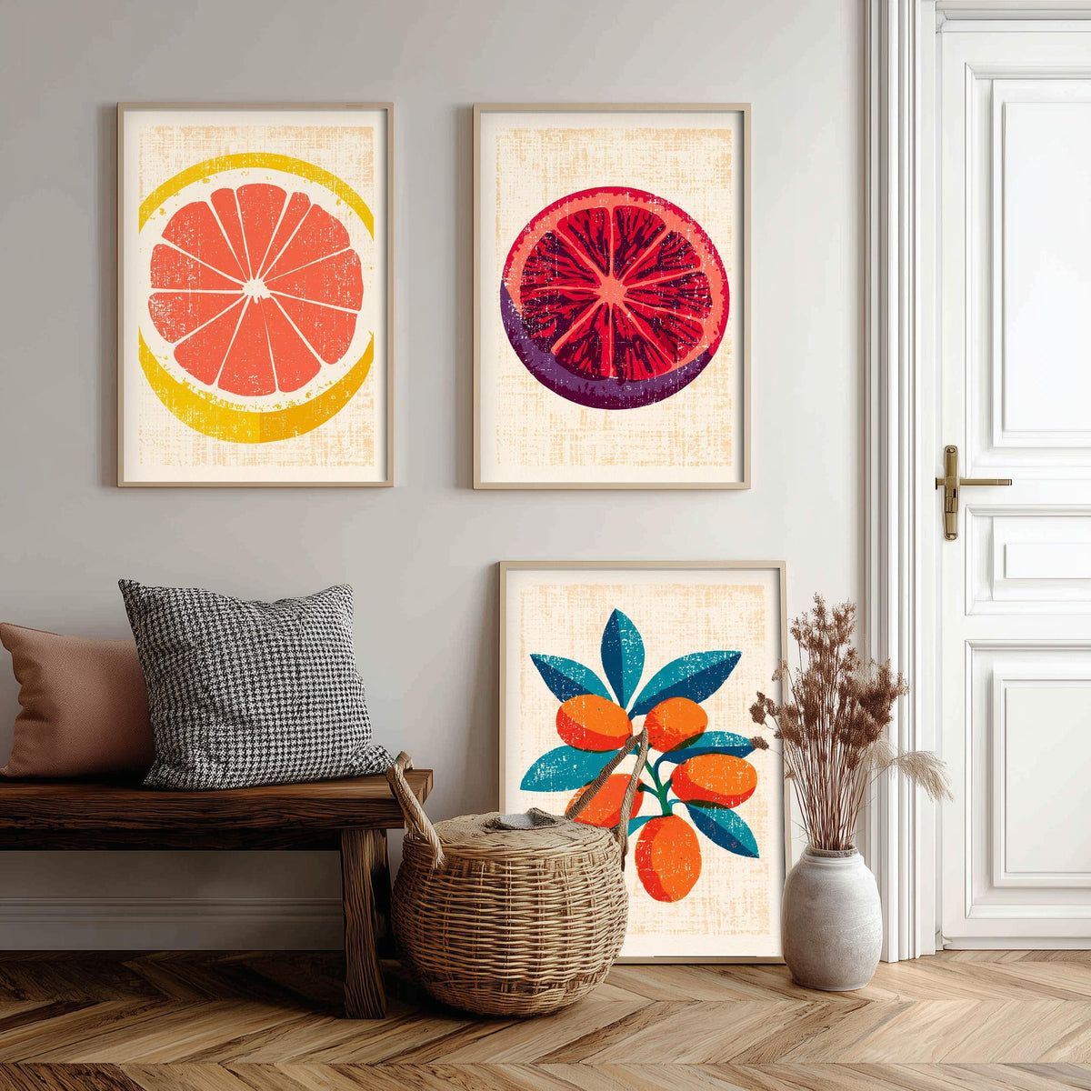 Citrus Fruit Set of Three Art Prints - Grapefruit Slice, Blood Orange, Kumquat Branch - Rustic Linocut Style Woodcut Poster V2