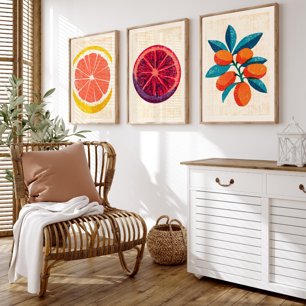 Citrus Fruit Set of Three Art Prints - Grapefruit Slice, Blood Orange, Kumquat Branch - Rustic Linocut Style Woodcut Poster V2