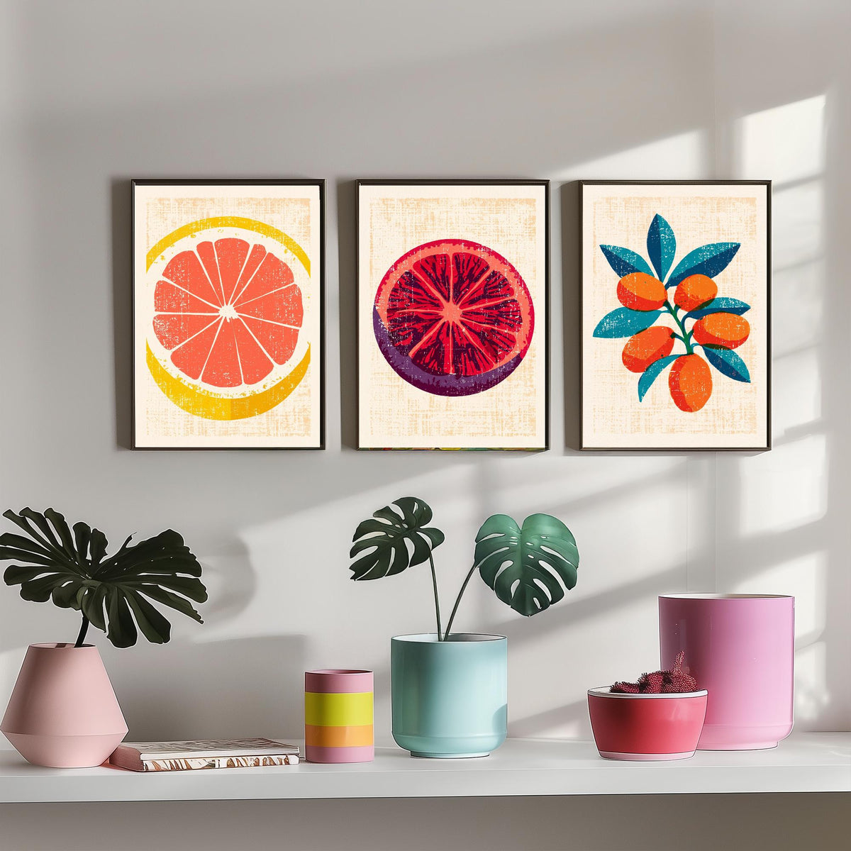Citrus Fruit Set of Three Art Prints - Grapefruit Slice, Blood Orange, Kumquat Branch - Rustic Linocut Style Woodcut Poster V2