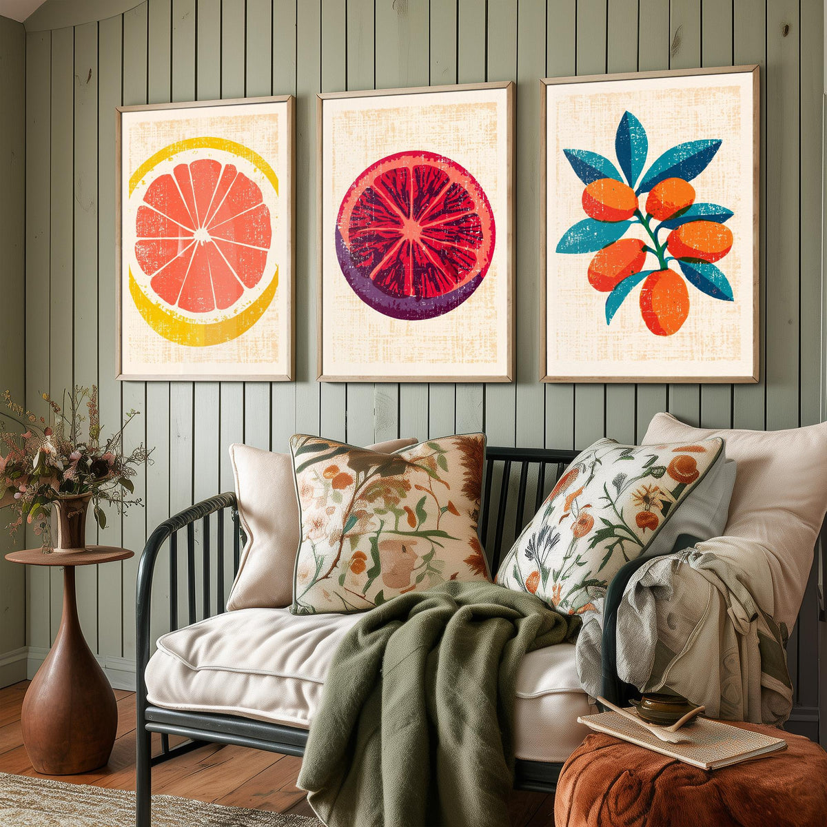 Citrus Fruit Set of Three Art Prints - Grapefruit Slice, Blood Orange, Kumquat Branch - Rustic Linocut Style Woodcut Poster V2
