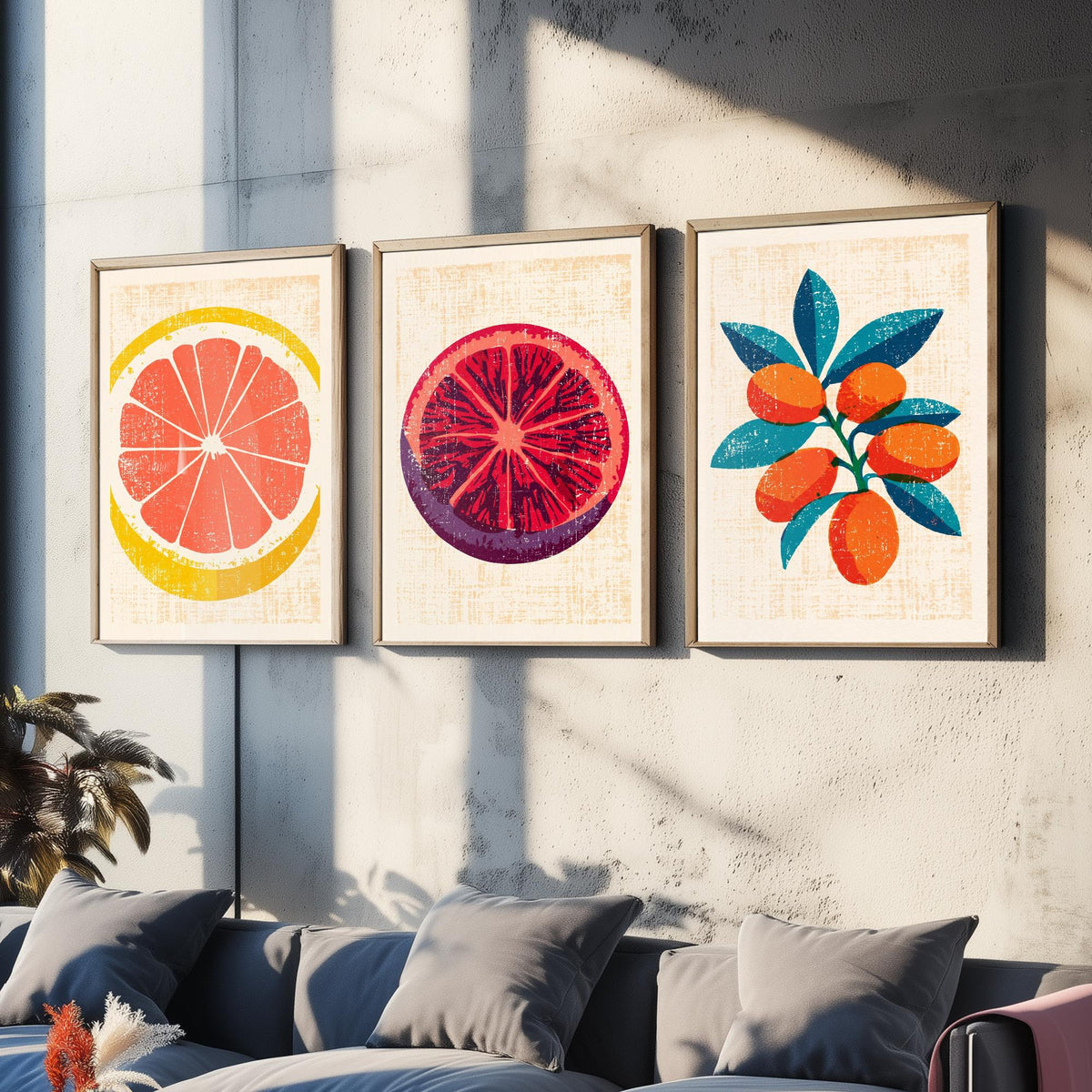 Citrus Fruit Set of Three Art Prints - Grapefruit Slice, Blood Orange, Kumquat Branch - Rustic Linocut Style Woodcut Poster V2