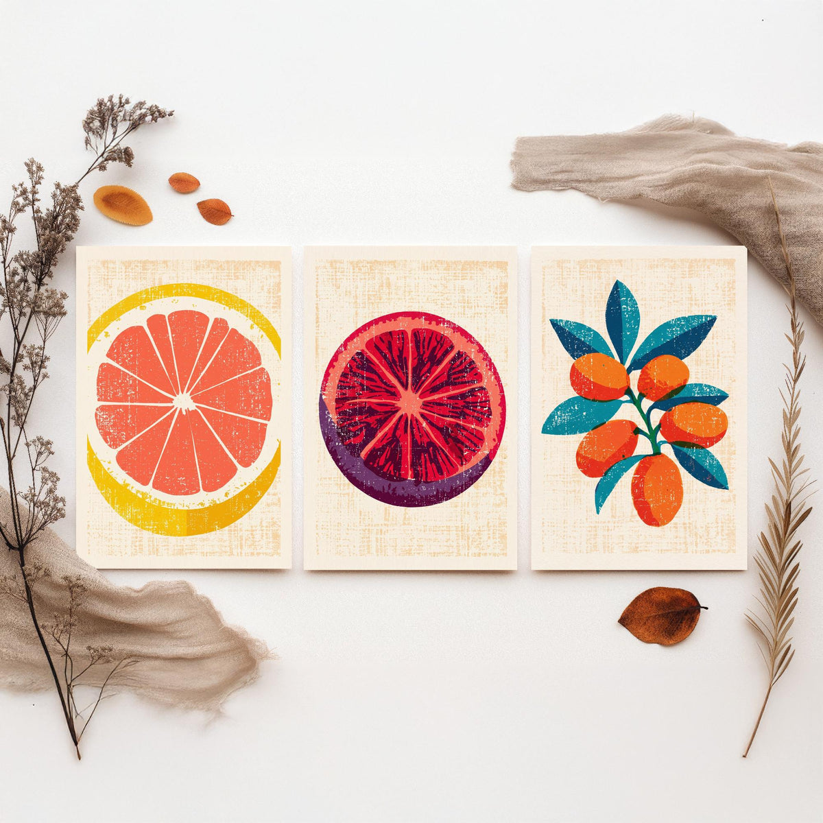 Citrus Fruit Set of Three Art Prints - Grapefruit Slice, Blood Orange, Kumquat Branch - Rustic Linocut Style Woodcut Poster V2
