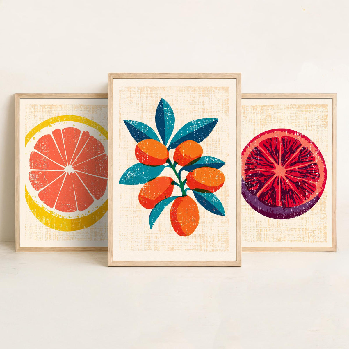 Citrus Fruit Set of Three Art Prints - Grapefruit Slice, Blood Orange, Kumquat Branch - Rustic Linocut Style Woodcut Poster V2