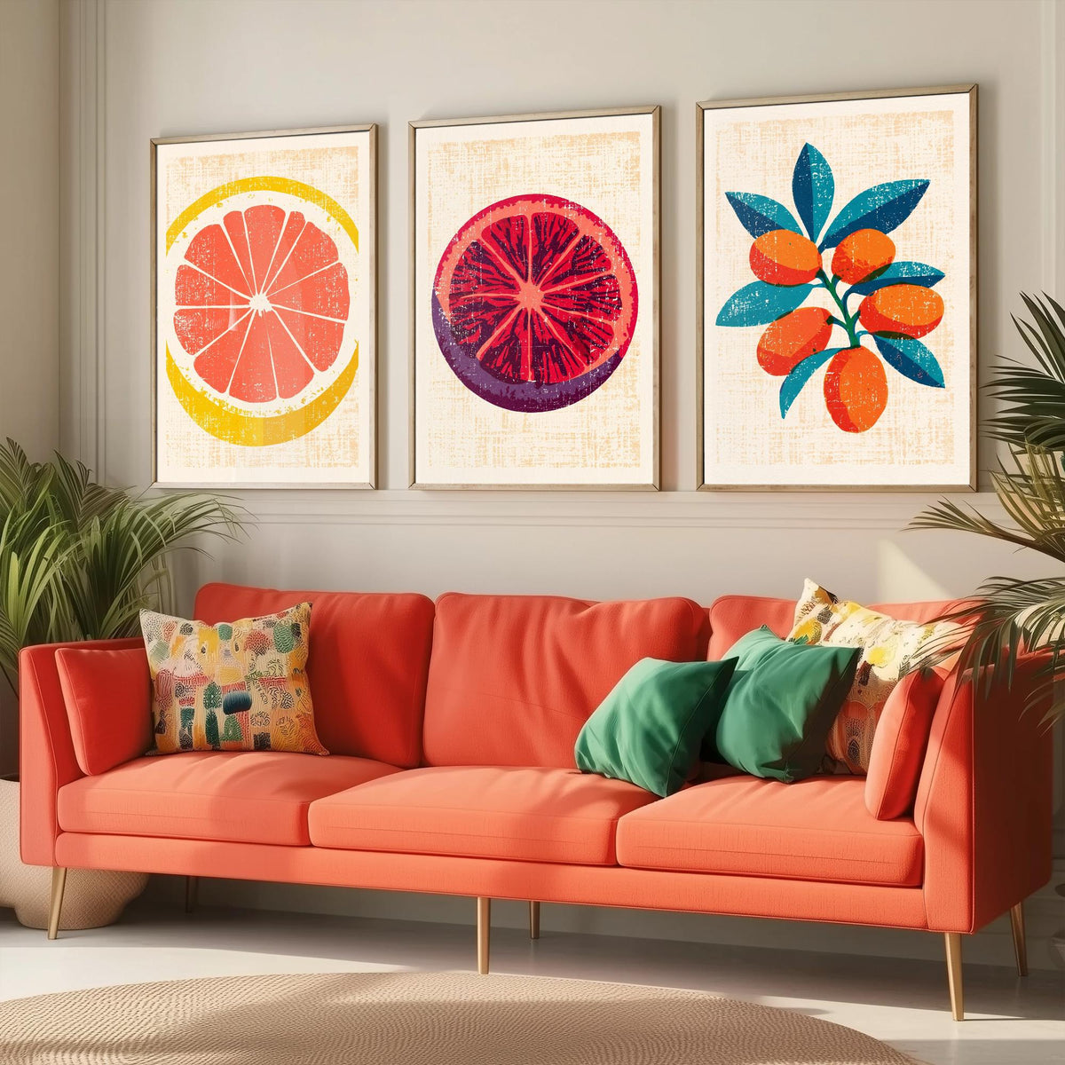 Citrus Fruit Set of Three Art Prints - Grapefruit Slice, Blood Orange, Kumquat Branch - Rustic Linocut Style Woodcut Poster V2
