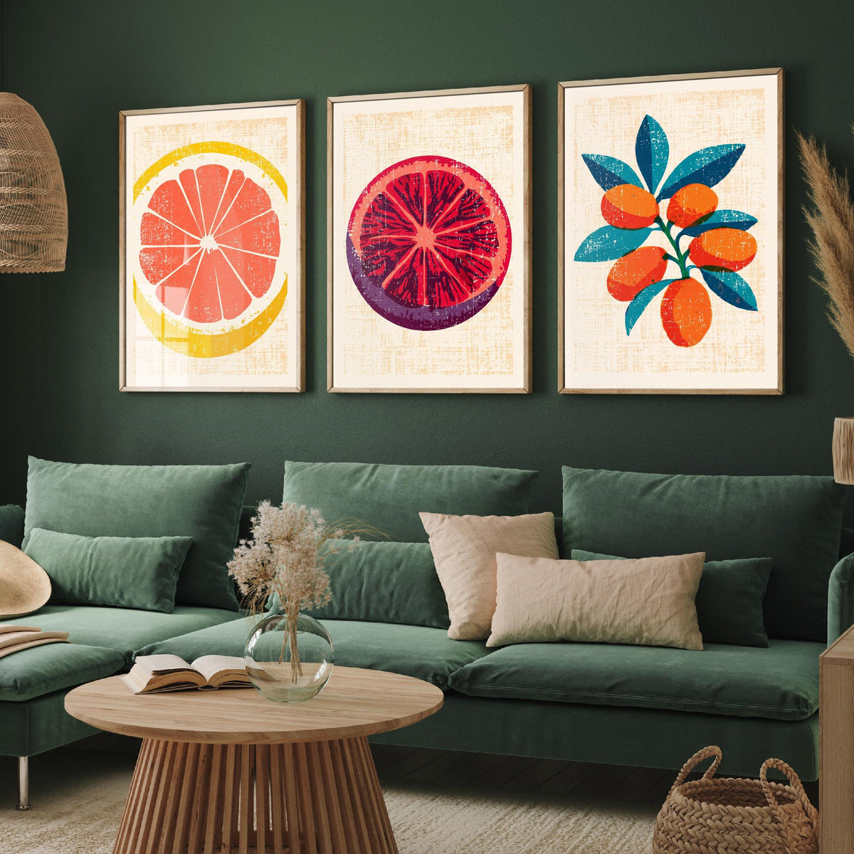 Citrus Fruit Set of Three Art Prints - Grapefruit Slice, Blood Orange, Kumquat Branch - Rustic Linocut Style Woodcut Poster V2