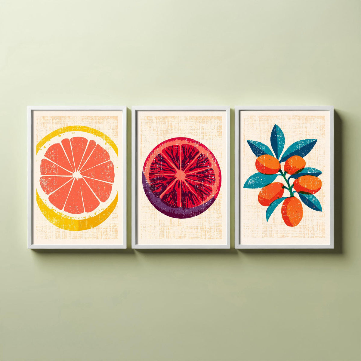 Citrus Fruit Set of Three Art Prints - Grapefruit Slice, Blood Orange, Kumquat Branch - Rustic Linocut Style Woodcut Poster V2