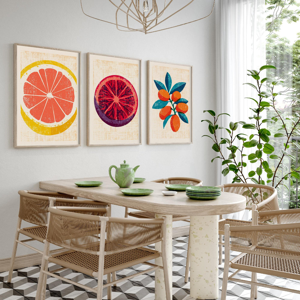 Citrus Fruit Set of Three Art Prints - Grapefruit Slice, Blood Orange, Kumquat Branch - Rustic Linocut Style Woodcut Poster V2